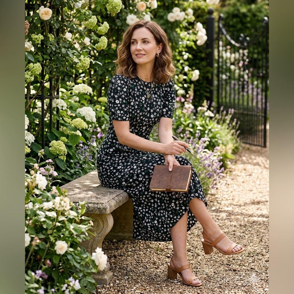 ASOS Black Midi Dress with White & Green Floral Print